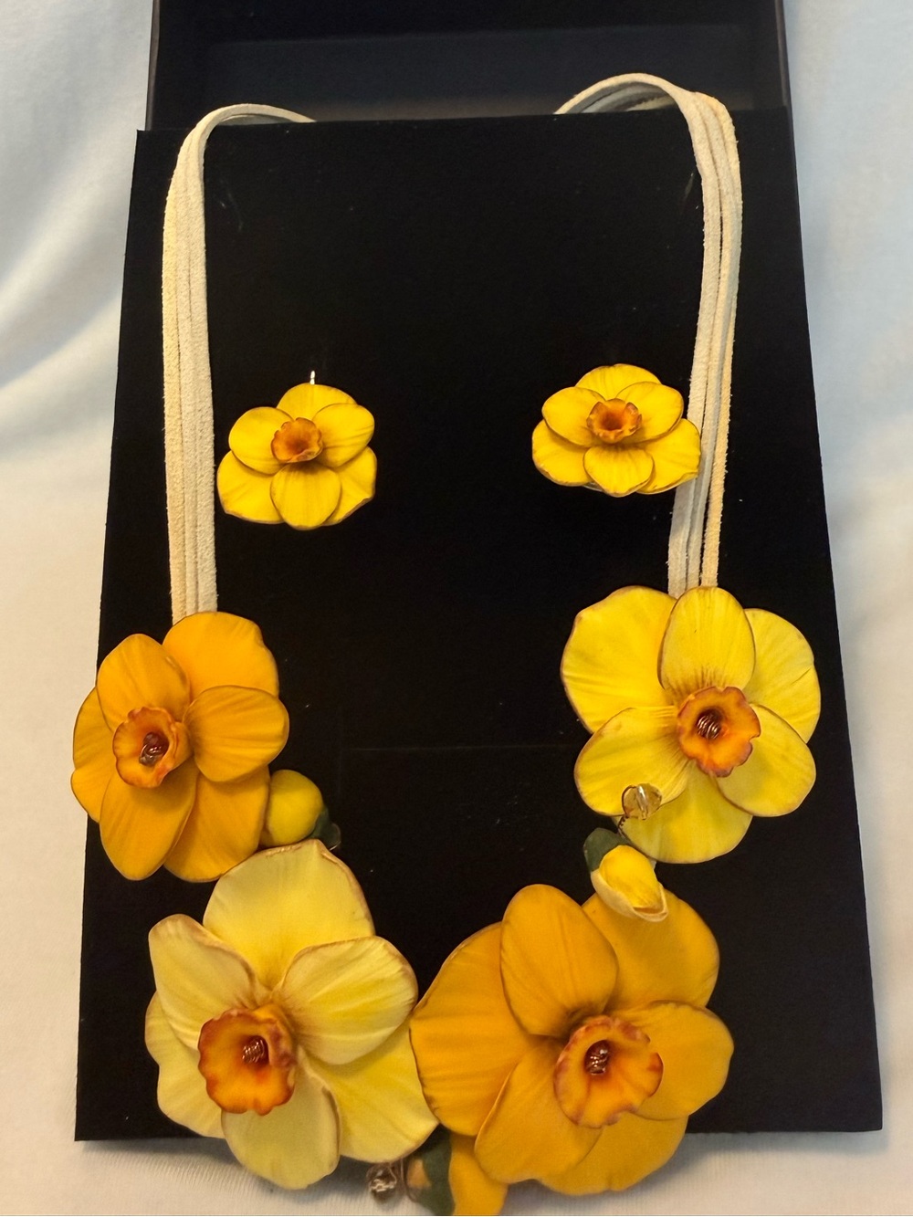 Like New (Worn Once) Unique Handmade Yellow Orchid Floral Necklace + Earring Set